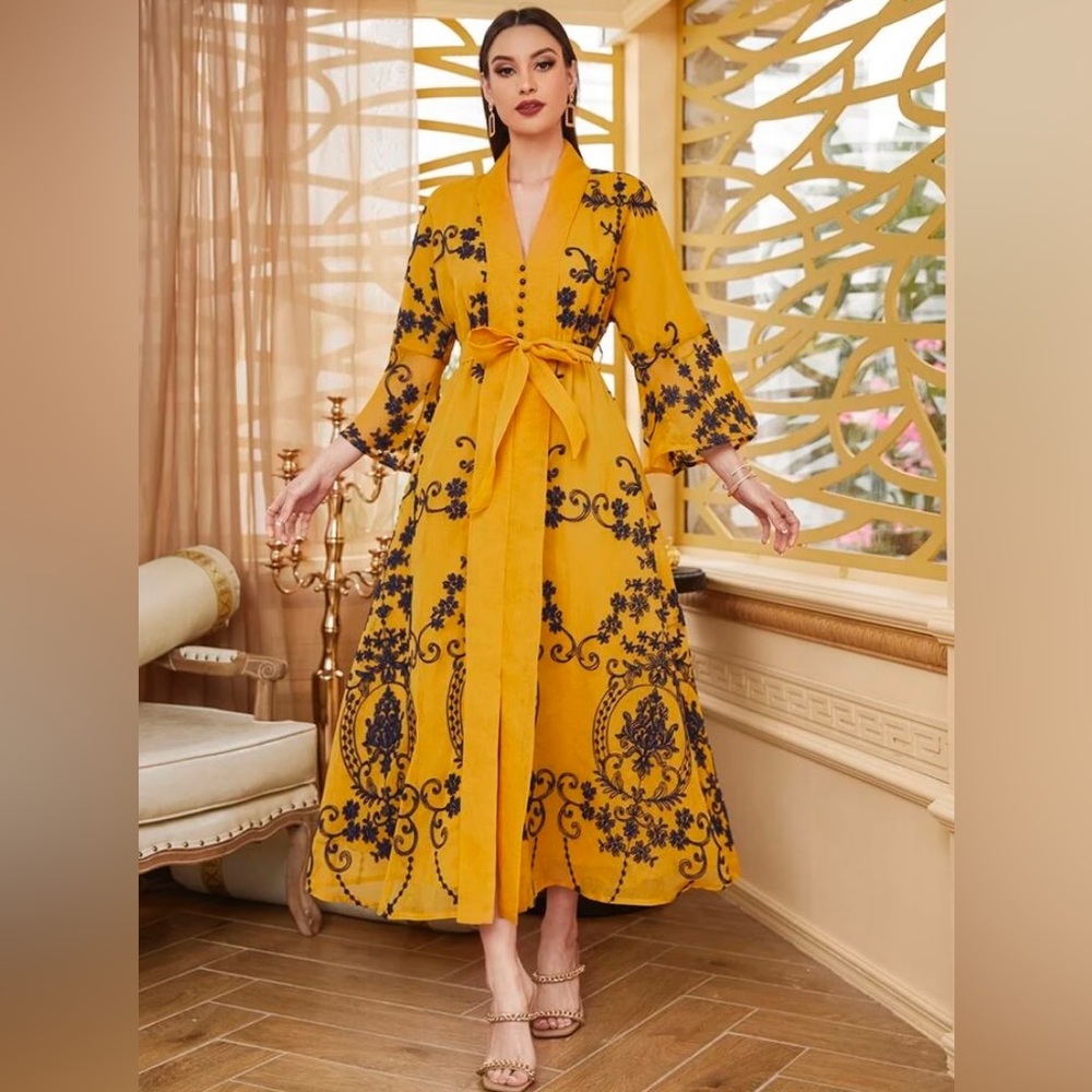 Yellow Belted Kaftan Dress